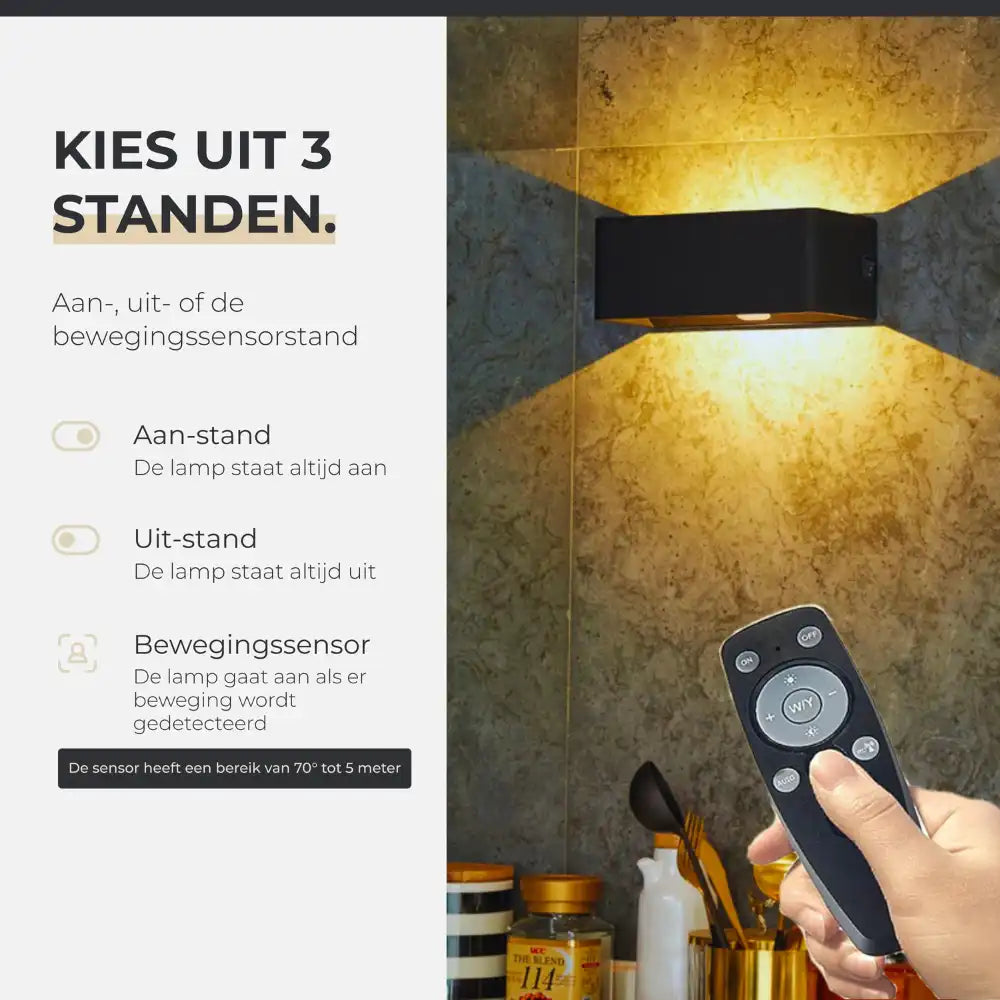 Wandlamp oplaadbaar met sensor en afstandsbediening zwart