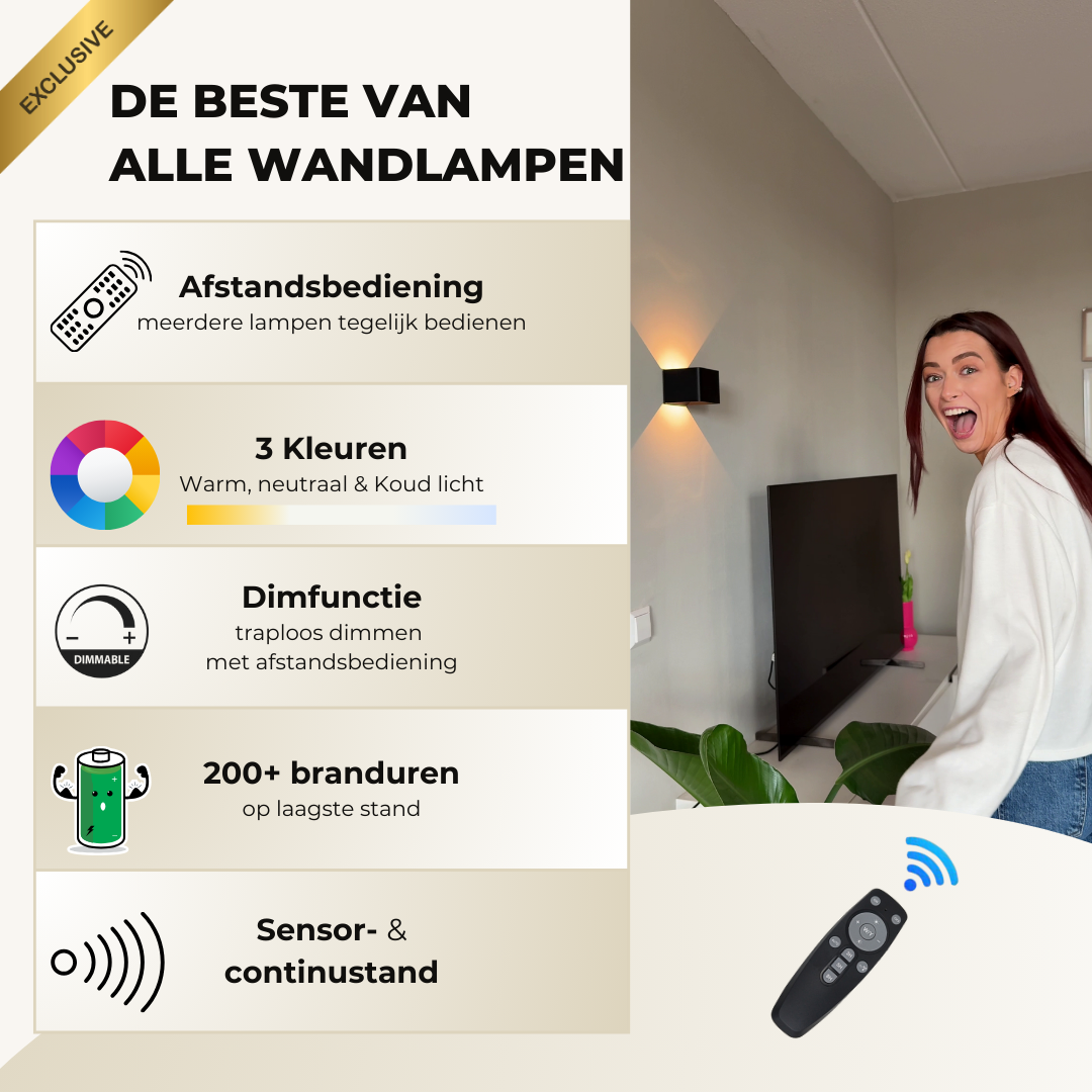 Wandlamp oplaadbaar met sensor en afstandsbediening zwart